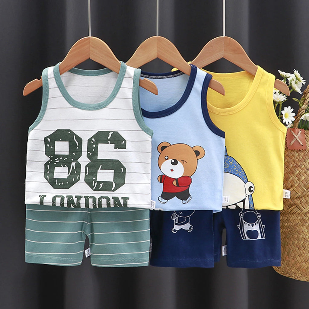 Sleeveless Tshirt Shorts Two Piece Casual Sports Cotton Wear Babies Boys Round Neck Tops Set Cartoon Printed Summer Clothing