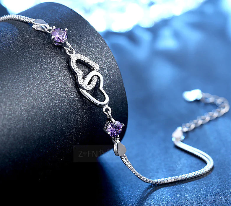 S925 Silver Heart-Shaped Amethyst Bracelet