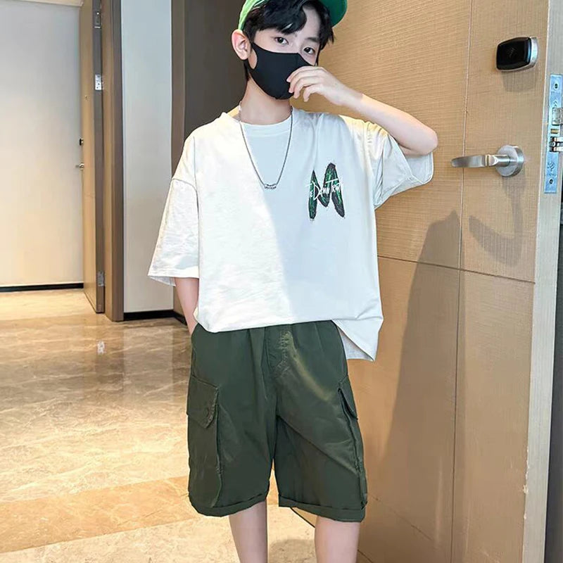 New Teen Boys Clothing Set Summer Letter Short Sleeve T-shirt Pants 2Pcs Suit For 5 6 8 10 12 Years Kids Handsome Casual Outfit