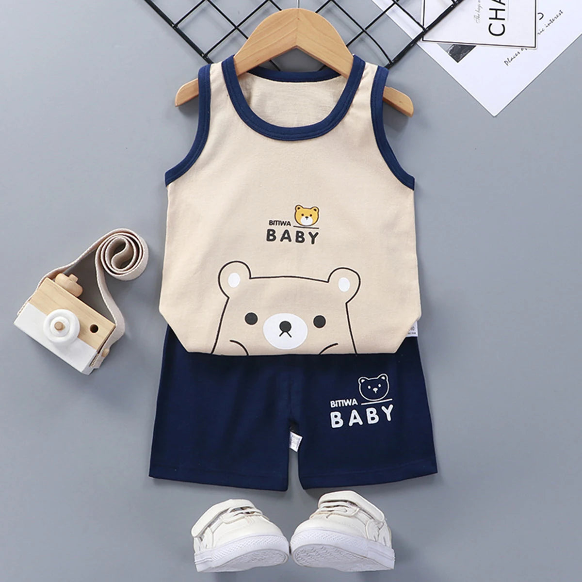 Sleeveless Tshirt Shorts Two Piece Casual Sports Cotton Wear Babies Boys Round Neck Tops Set Cartoon Printed Summer Clothing