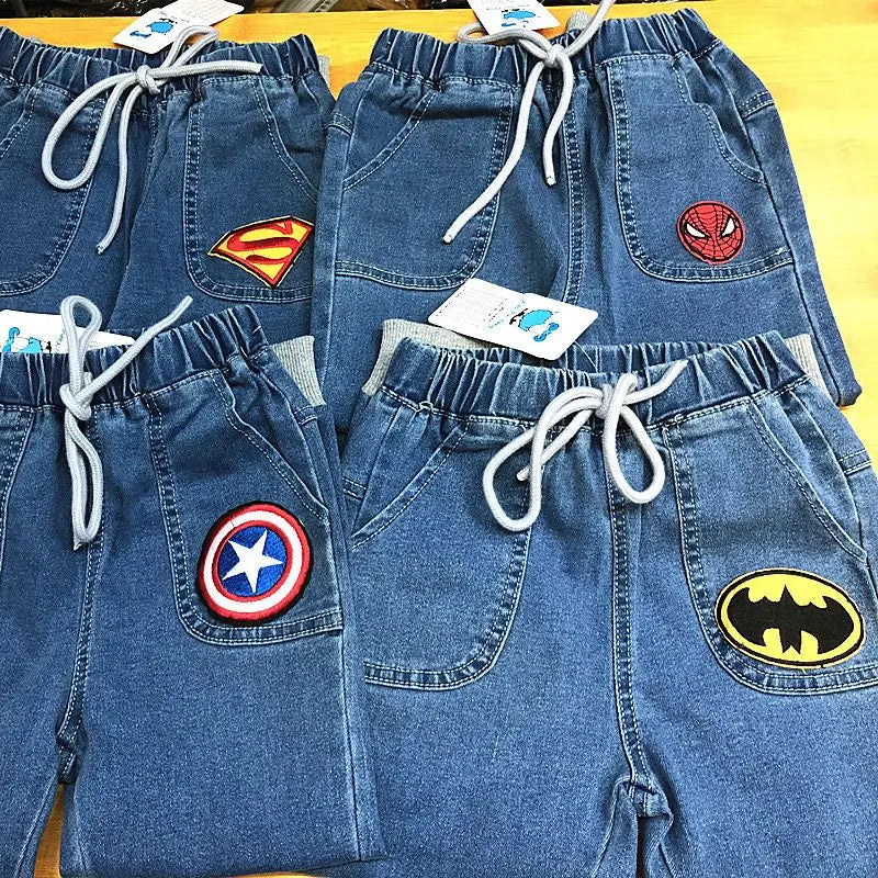 The new Marvel series of Spiderman Iron Man boys spring and autumn fashion cartoon anime pattern soft casual and versatile jeans