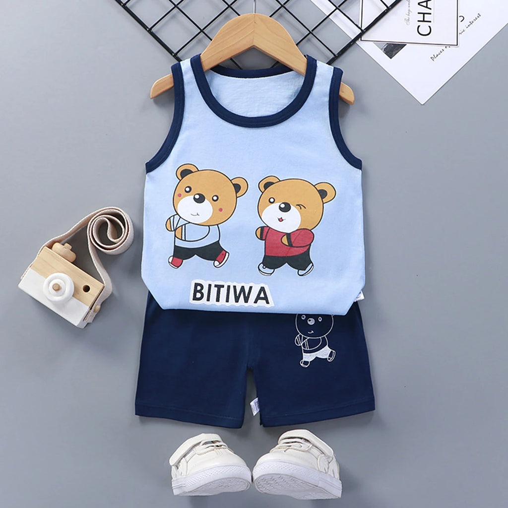 Sleeveless Tshirt Shorts Two Piece Casual Sports Cotton Wear Babies Boys Round Neck Tops Set Cartoon Printed Summer Clothing