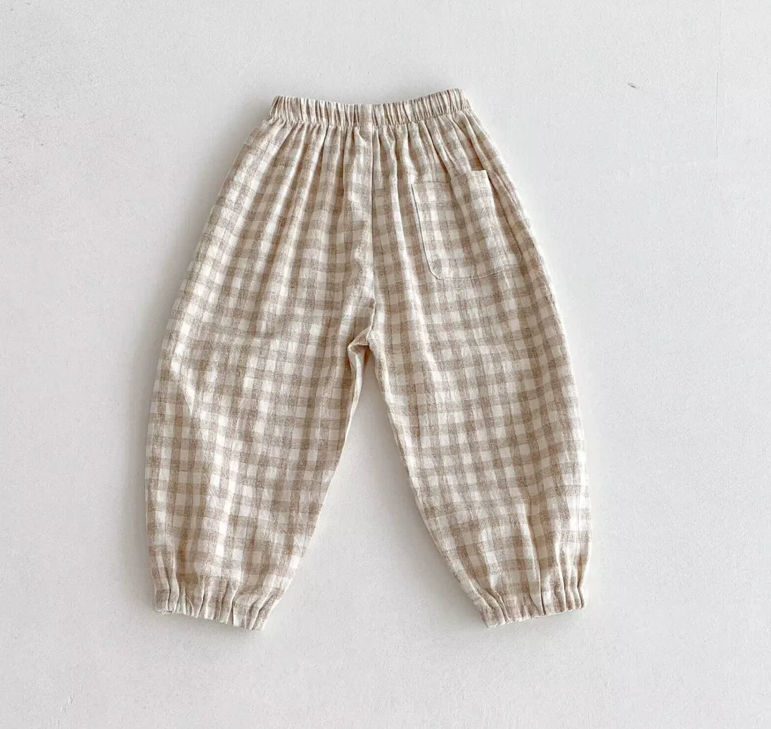 Vintage Linen Cotton Stripe Pants for Boys Casual Pocket Design Elastics Waist Pants for Toddler Girl Clothing Children Trousers