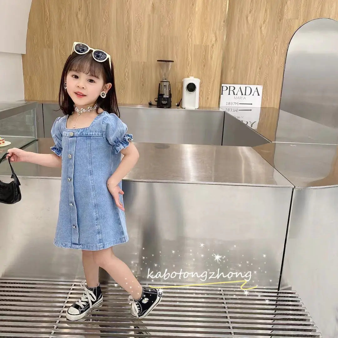 Trendy Korean Summer Puff Sleeve Denim Dress for Girls