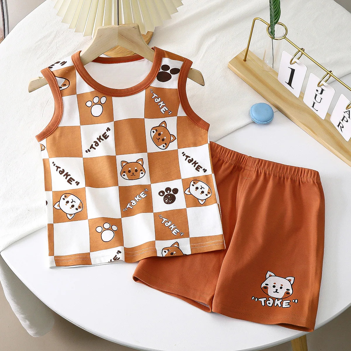 Sleeveless Tshirt Shorts Two Piece Casual Sports Cotton Wear Babies Boys Round Neck Tops Set Cartoon Printed Summer Clothing