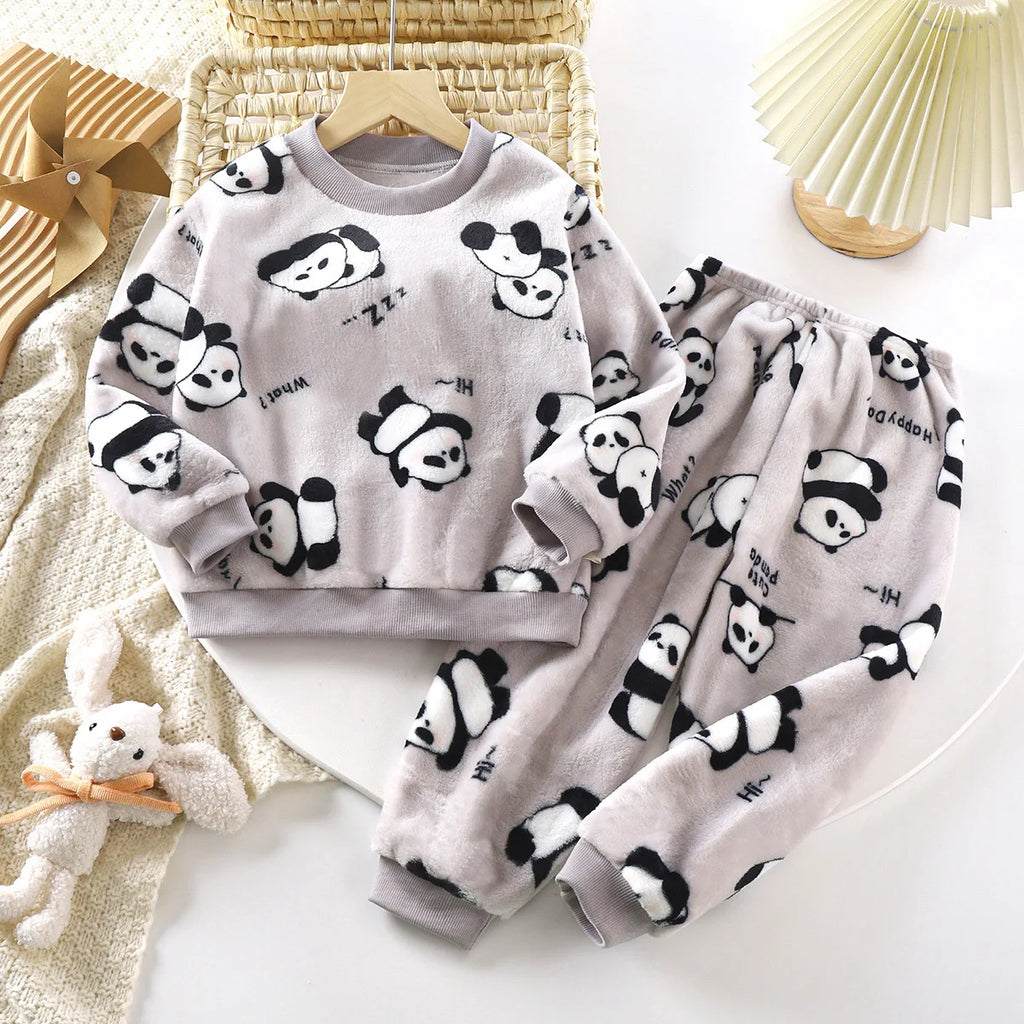 New 2025 Kids Winter Thicken Warm Soft Flannel Pajamas Baby Cute Cartoon Panda Sleepwear Boys Girls Casual Pyjamas Clothing Sets