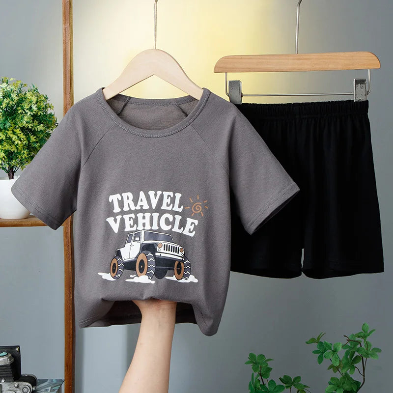 Summer Cartoon T-Shirt+Shorts 2-Piece Clothing Set Cotton Kids Boys Girls Casual Tracksuit Clothes Suits Outdoor Fashion 2-12Y