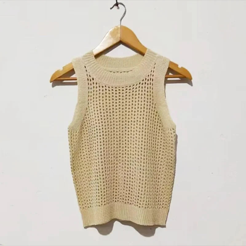 Summer Knitted Tank Top Hollow Out Sleeveless Tanks Camis Vest Women Women Thin Basic Ice Silk Camisoles Tanks Female 14810