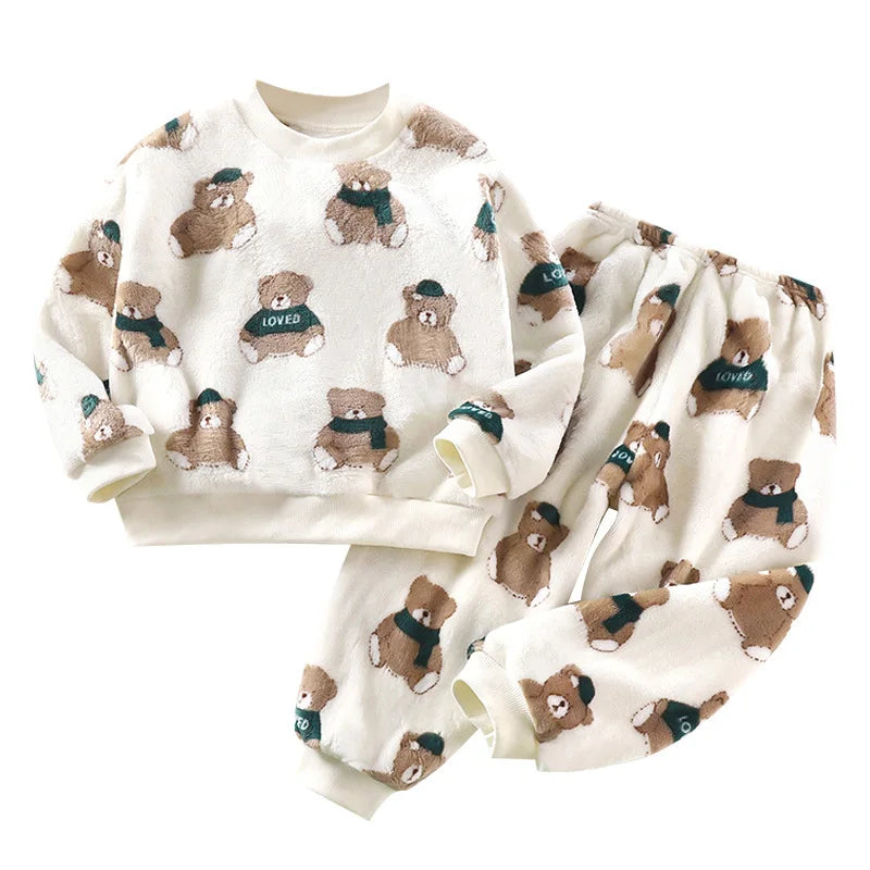 New 2025 Kids Winter Thicken Warm Soft Flannel Pajamas Baby Cute Cartoon Panda Sleepwear Boys Girls Casual Pyjamas Clothing Sets