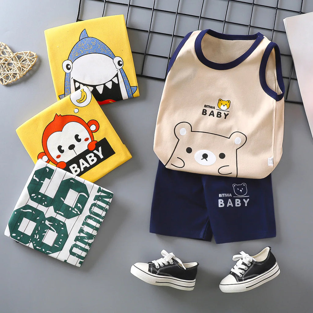 Sleeveless Tshirt Shorts Two Piece Casual Sports Cotton Wear Babies Boys Round Neck Tops Set Cartoon Printed Summer Clothing