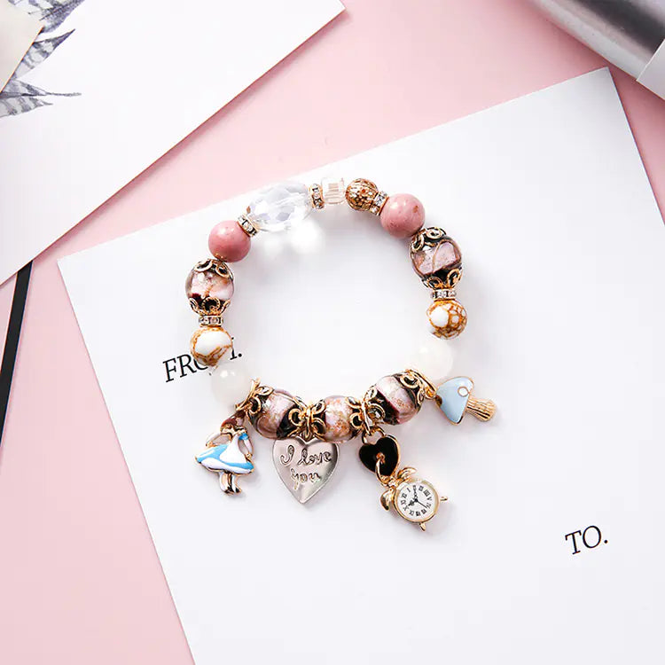 Glass Bead Bracelet with Heart Letter Lock