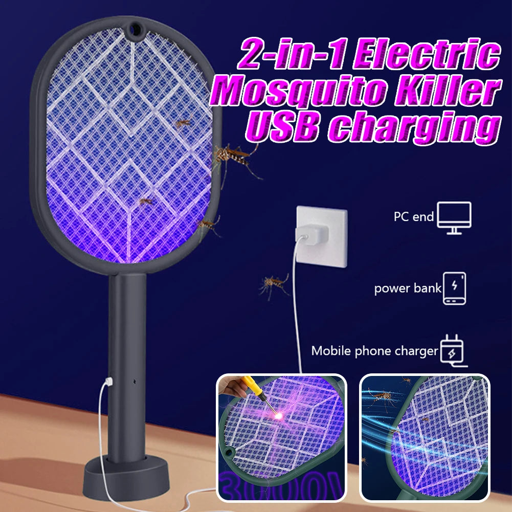 Upgraded 2-in-1 Mosquito Racket Insect Killer Purple Lamp USB Charging Protective Net Household Supplies for Home Summer Sleep