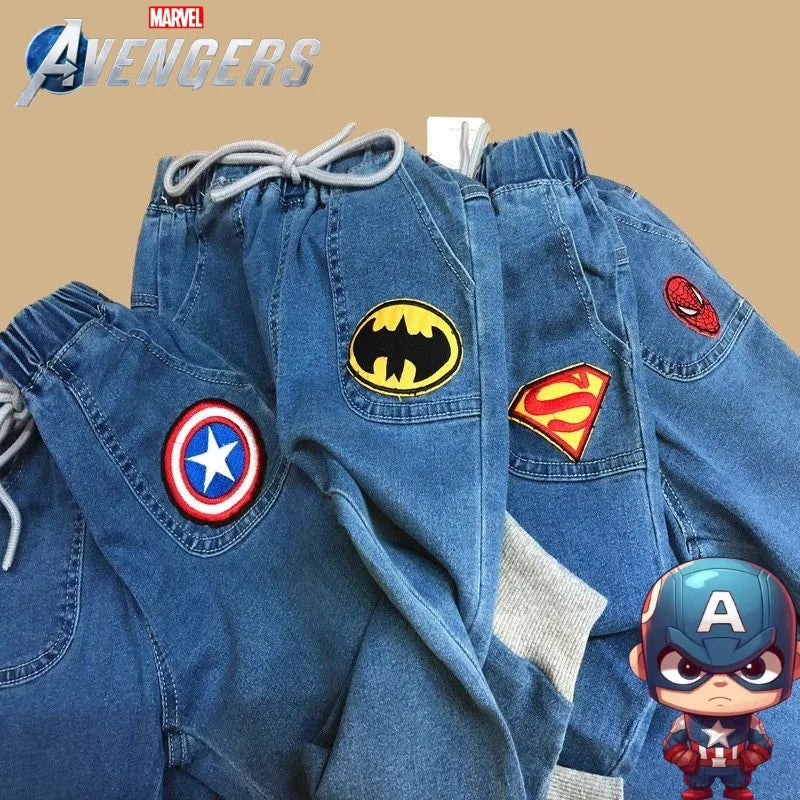 The new Marvel series of Spiderman Iron Man boys spring and autumn fashion cartoon anime pattern soft casual and versatile jeans