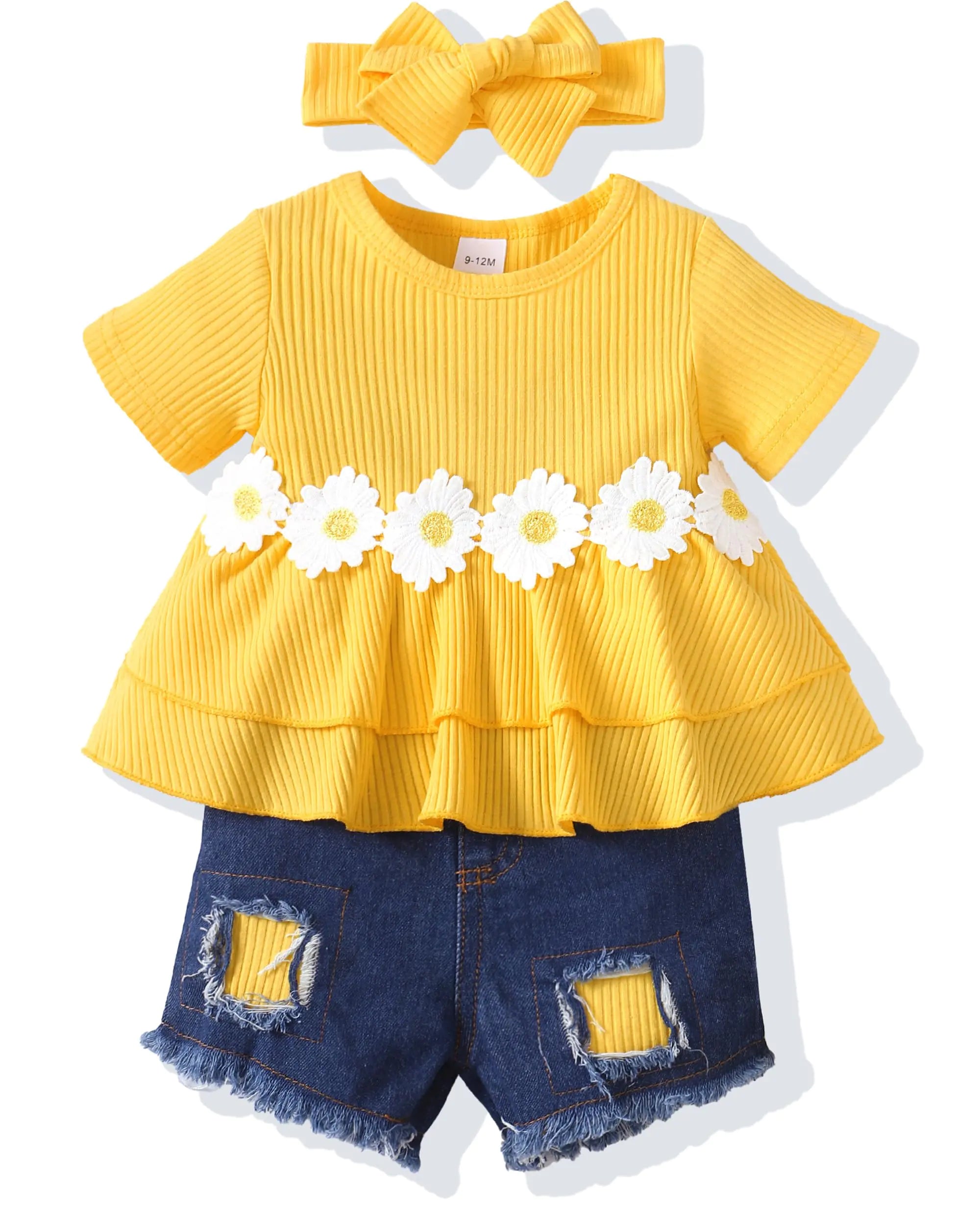 XUANHAO 2T Girls Clothes 3T Toddler Girls Clothes Summer Baby Outfits Yellow Spring Daisy Flower Tops Denim Jeans Shorts Set Toddler Girls Clothing 2T 3T