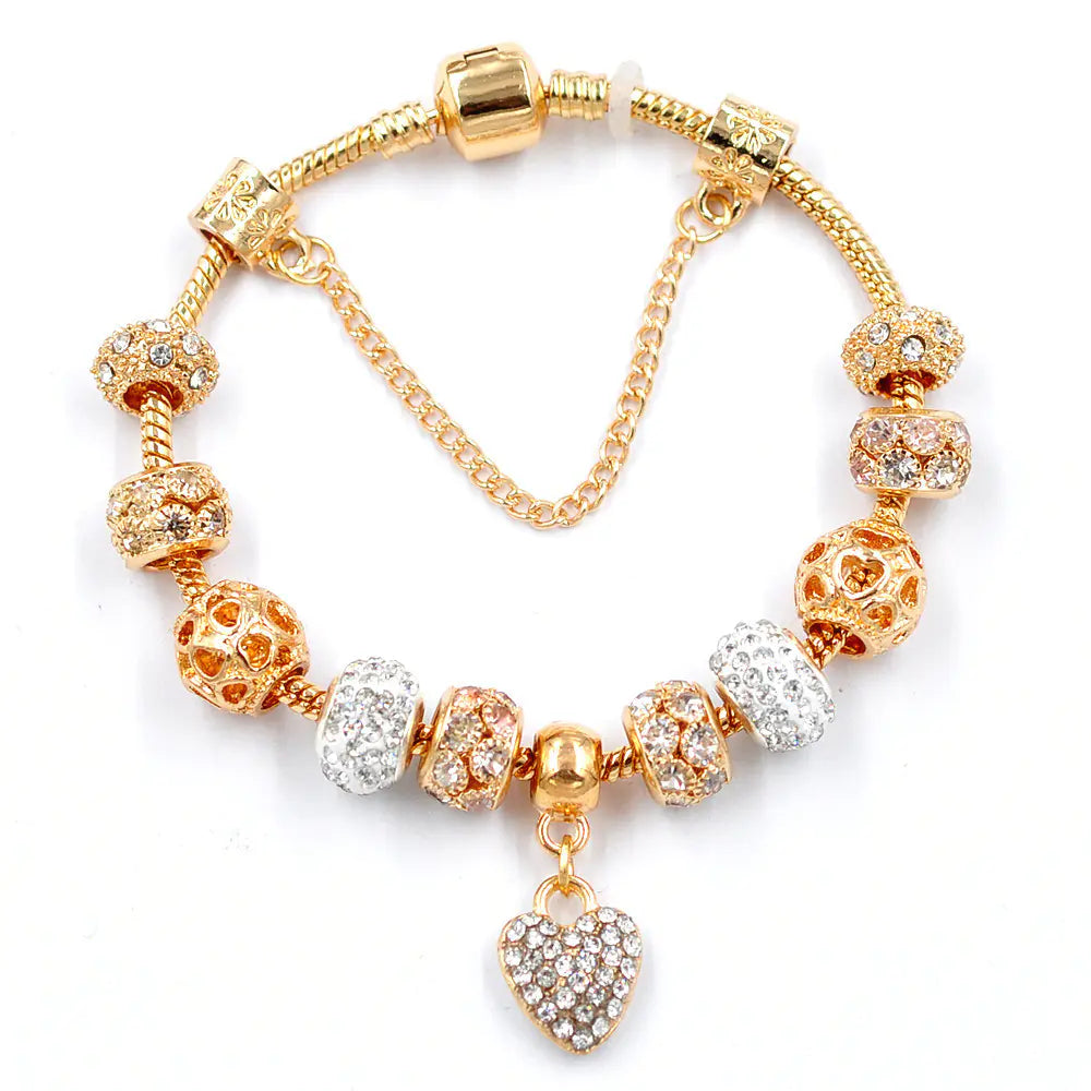 Gold Snake Chain Crystal Heart Bead Bracelet