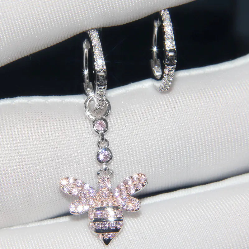 Pink Bee Hoop Earrings with Crystal Accents