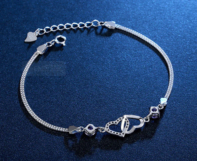 S925 Silver Heart-Shaped Amethyst Bracelet