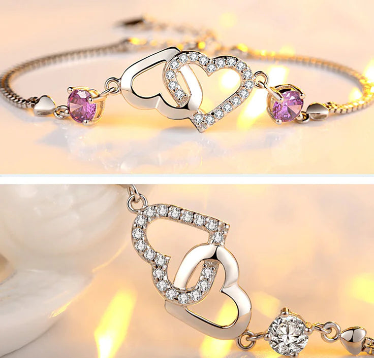 S925 Silver Heart-Shaped Amethyst Bracelet