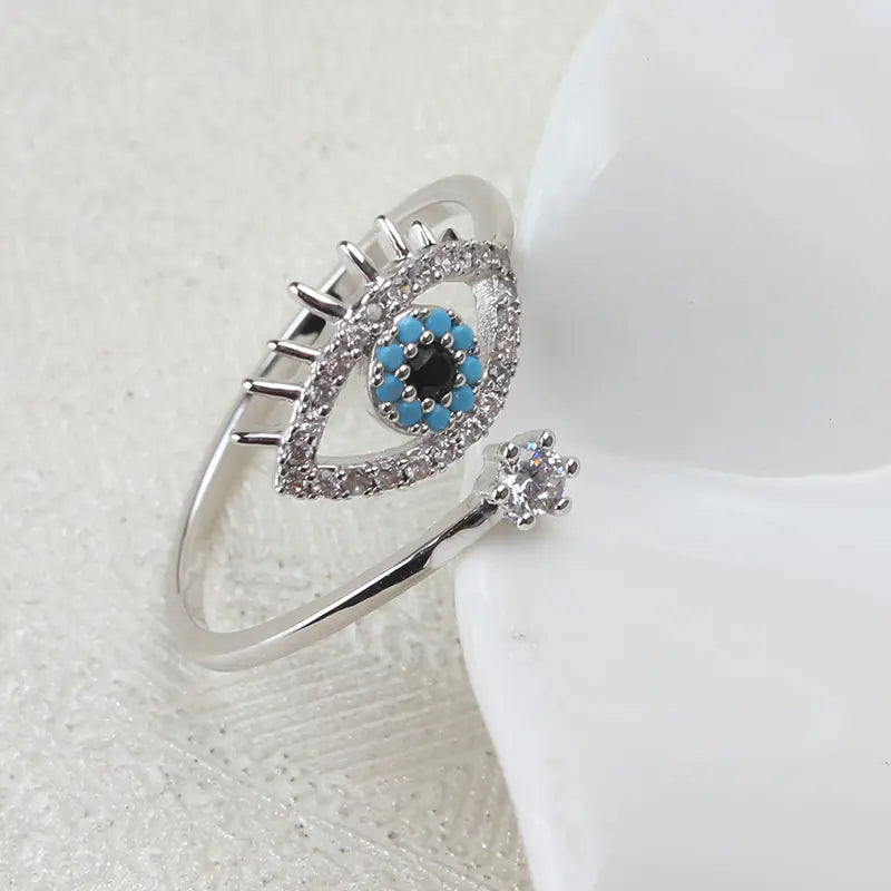 Evil Eye Ring with Open Design and Stone Inlay for Women