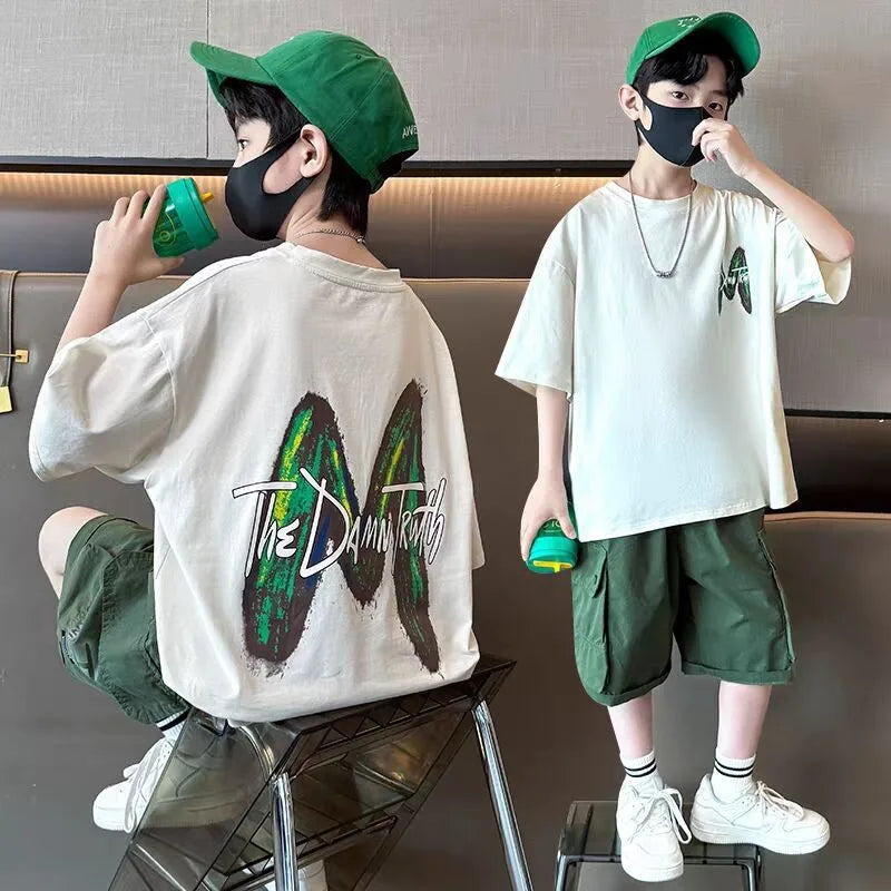 New Teen Boys Clothing Set Summer Letter Short Sleeve T-shirt Pants 2Pcs Suit For 5 6 8 10 12 Years Kids Handsome Casual Outfit