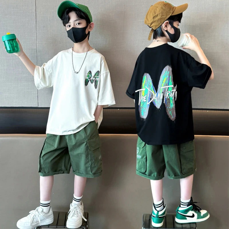 New Teen Boys Clothing Set Summer Letter Short Sleeve T-shirt Pants 2Pcs Suit For 5 6 8 10 12 Years Kids Handsome Casual Outfit