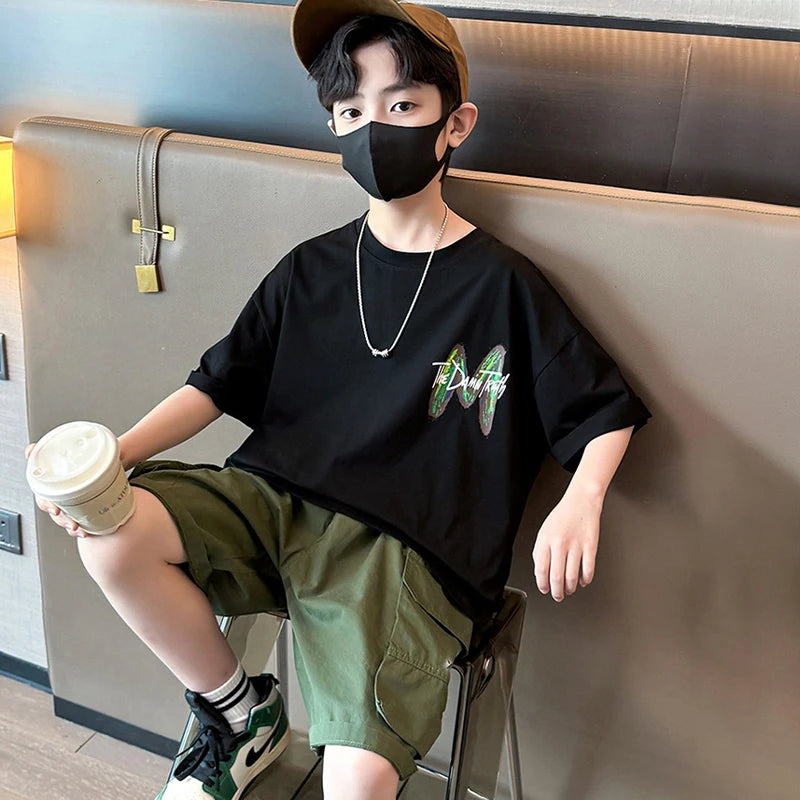 New Teen Boys Clothing Set Summer Letter Short Sleeve T-shirt Pants 2Pcs Suit For 5 6 8 10 12 Years Kids Handsome Casual Outfit
