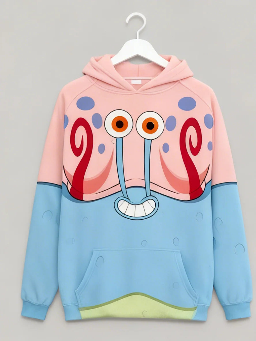 Ocean Theme Hoodie Crab And Absorbent Sponge Cartoon Sweatshirt Fun Coastal Style Cozy Streetwear Outfit
