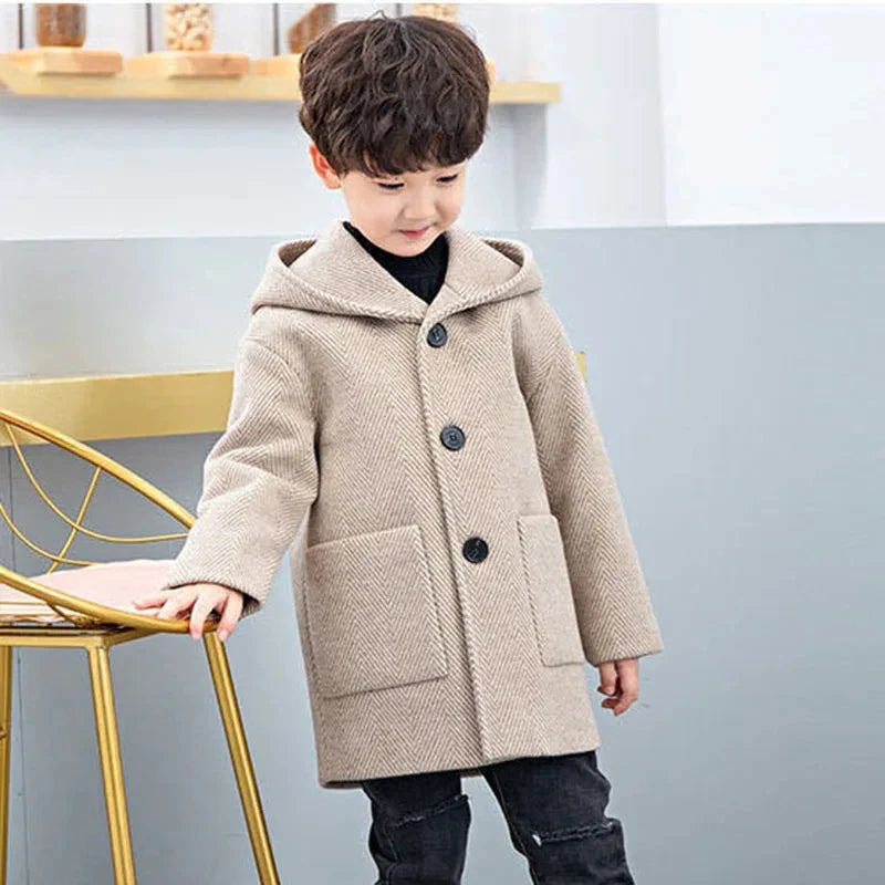Winter Woolen Jacket For Boy New 2024 Korean Version Fashion Thickening Handsome Mid-Length Keep Warm Casual Children's Clothing