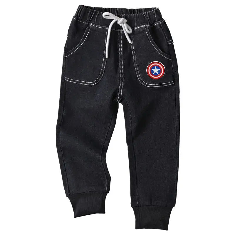 The new Marvel series of Spiderman Iron Man boys spring and autumn fashion cartoon anime pattern soft casual and versatile jeans