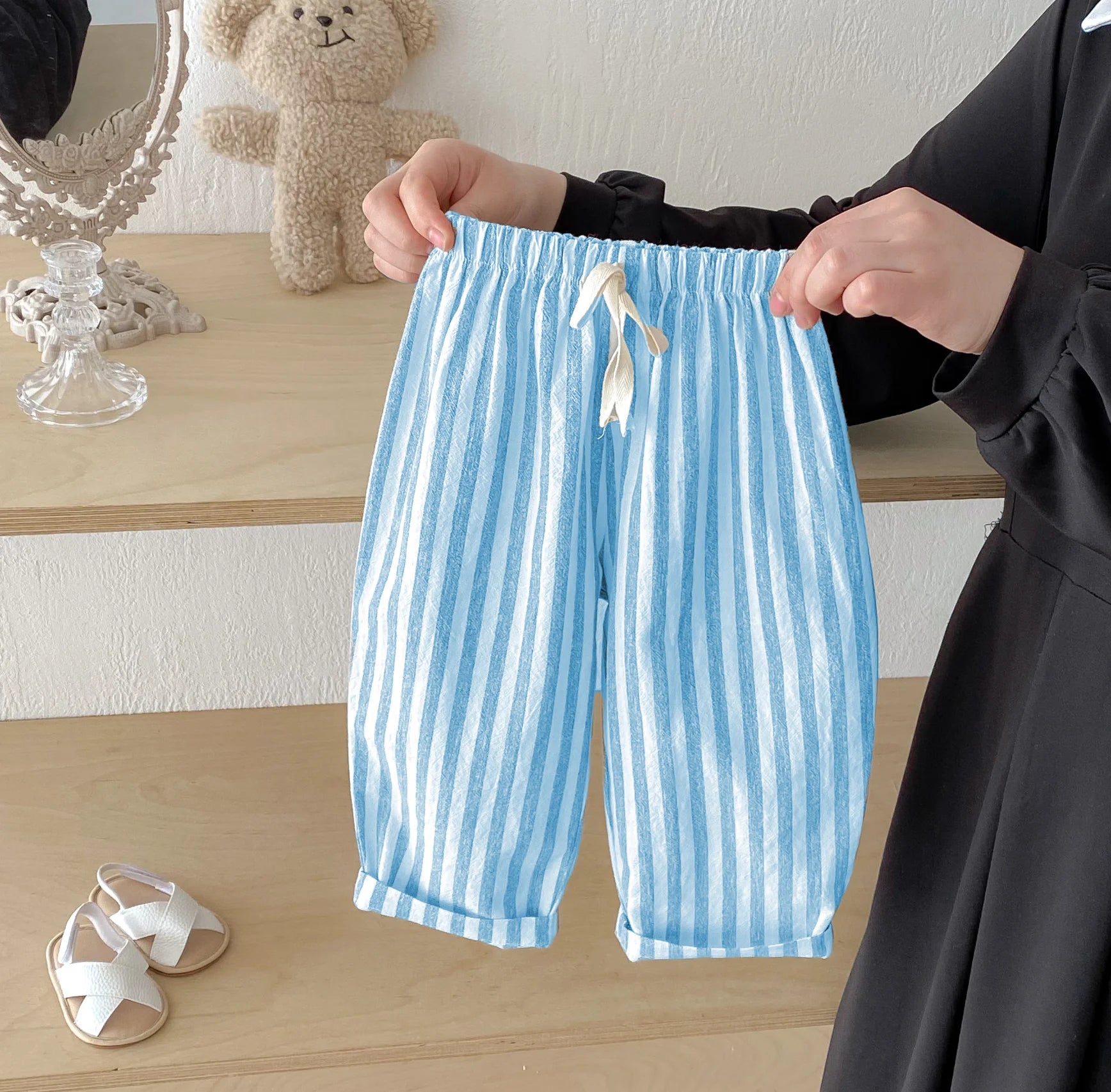 Vintage Linen Cotton Stripe Pants for Boys Casual Pocket Design Elastics Waist Pants for Toddler Girl Clothing Children Trousers