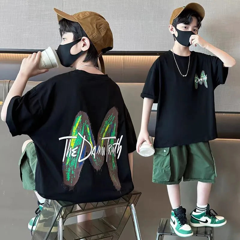 New Teen Boys Clothing Set Summer Letter Short Sleeve T-shirt Pants 2Pcs Suit For 5 6 8 10 12 Years Kids Handsome Casual Outfit
