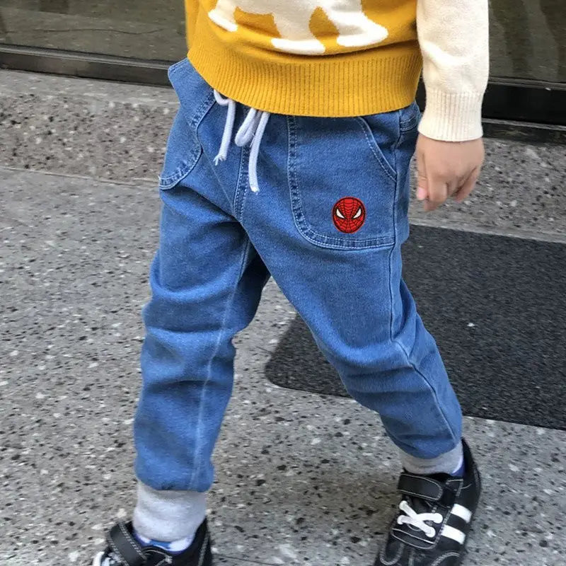 The new Marvel series of Spiderman Iron Man boys spring and autumn fashion cartoon anime pattern soft casual and versatile jeans