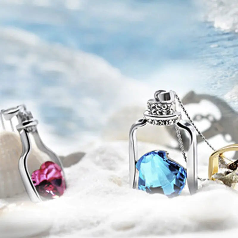 Heart-Shaped Crystal Necklace with Drifting Bottle Pendant