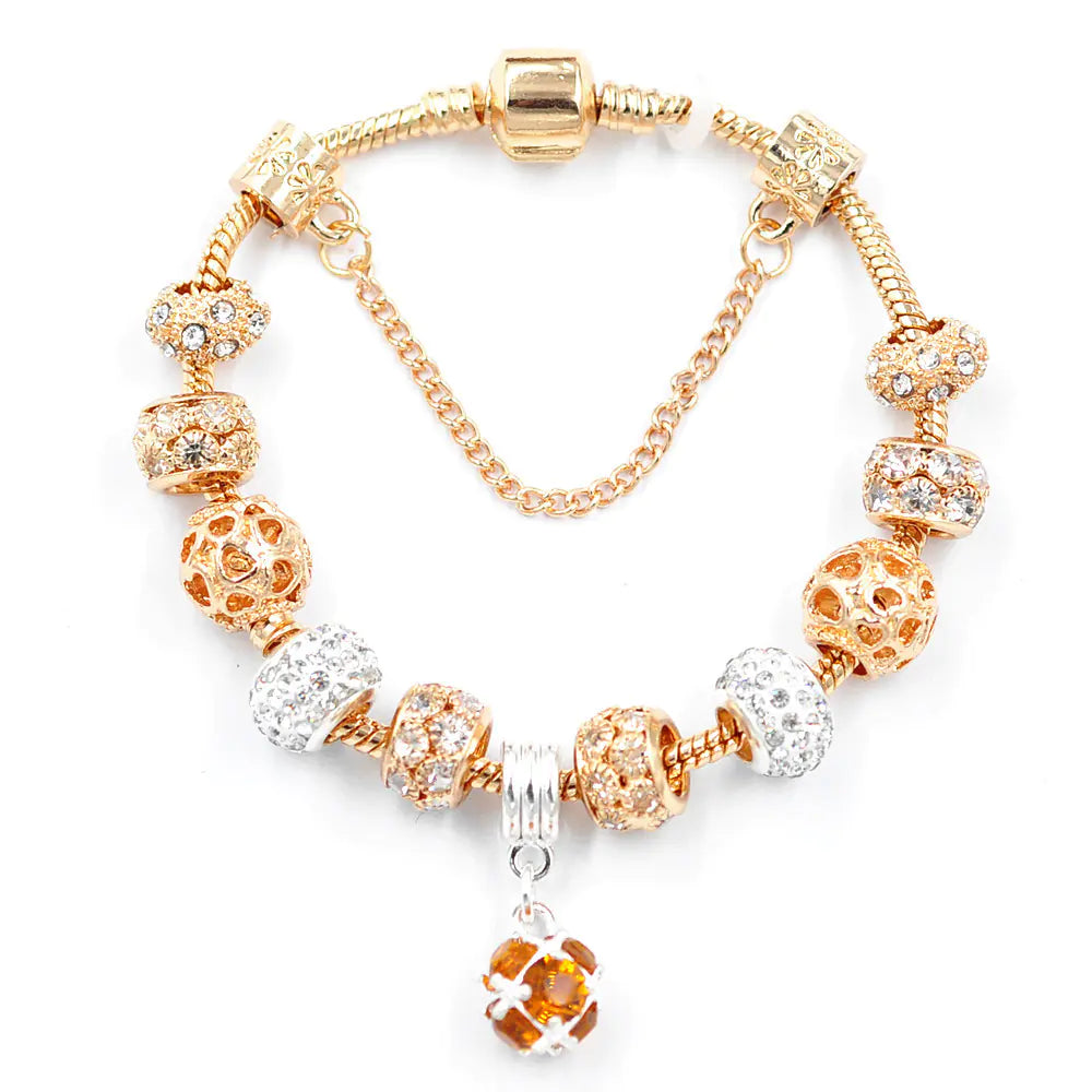 Gold Snake Chain Crystal Heart Bead Bracelet