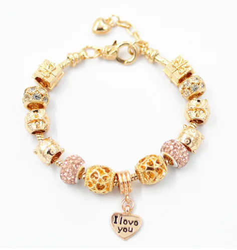 Gold Snake Chain Crystal Heart Bead Bracelet