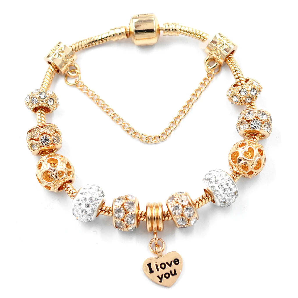 Gold Snake Chain Crystal Heart Bead Bracelet