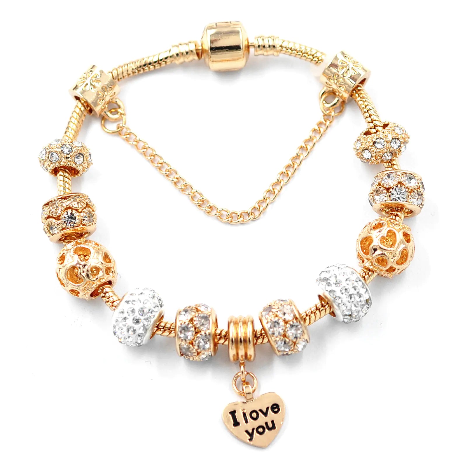 Gold Snake Chain Crystal Heart Bead Bracelet