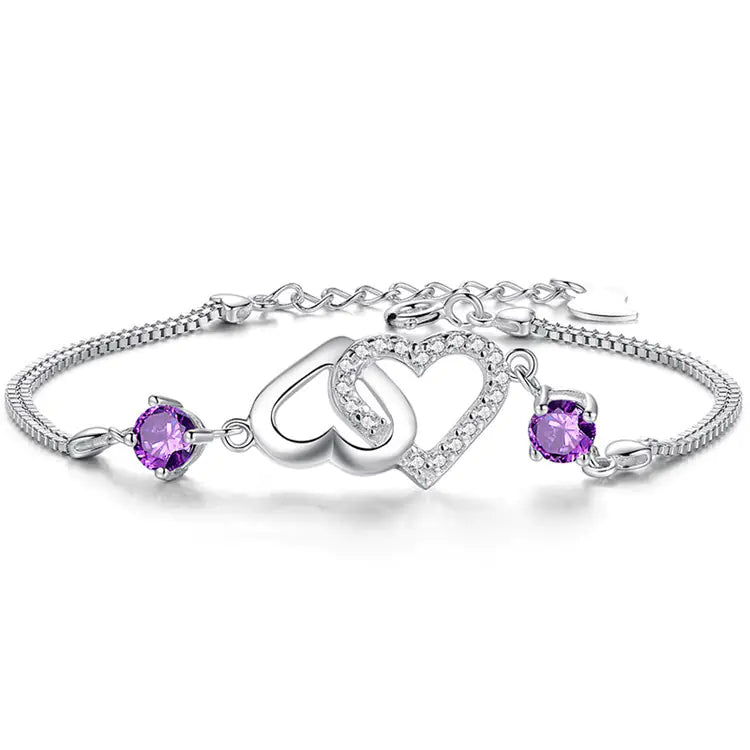 S925 Silver Heart-Shaped Amethyst Bracelet