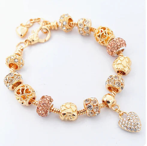 Gold Snake Chain Crystal Heart Bead Bracelet