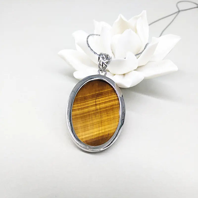 Tiger Eye Pendant with Silver Inlay and Bead Design